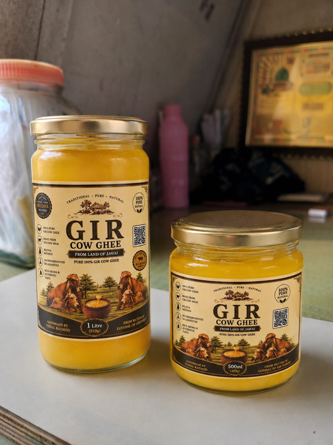 Gir Cow Ghee jars on a table